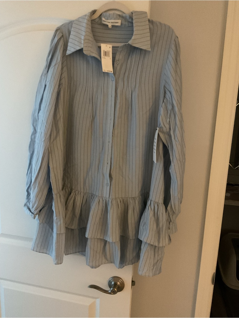 English Factory Light Blue Striped Ruffle Hem Shirt Dress